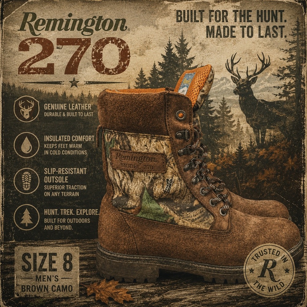 Remington 270 Men's Brown Camo Genuine Leather Insulated Hunting Boots Size 8